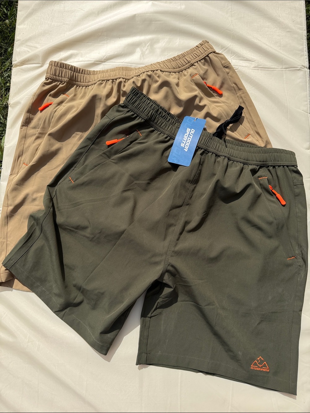 Men's Athletic Shorts - Olive Green & Khaki with Orange Accents